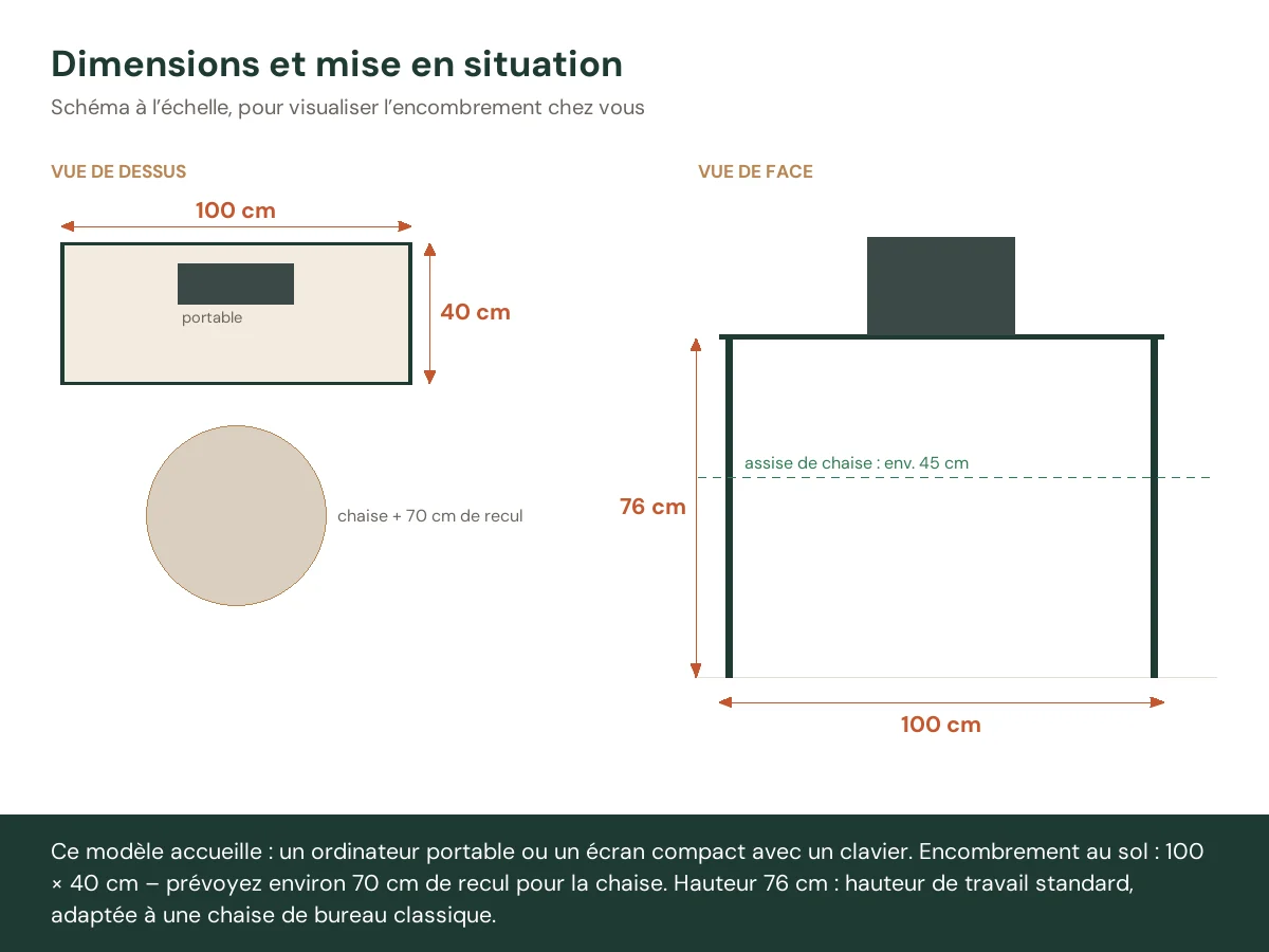 Bureau 100 x 40 x 76 cm gris béton bois d'ingénierie – vue de face