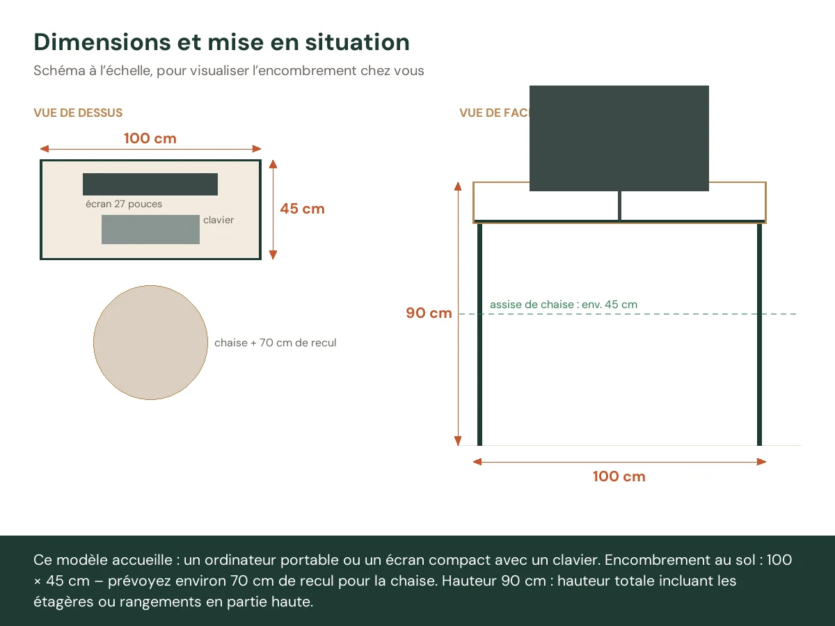 Bureau 100 x 45 x 90 cm brun bois massif de manguier – vue de face