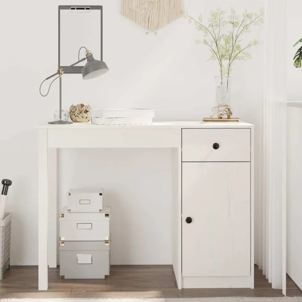 Bureau 100 x 50 x 75 cm blanc bois massif – vue d’ensemble
