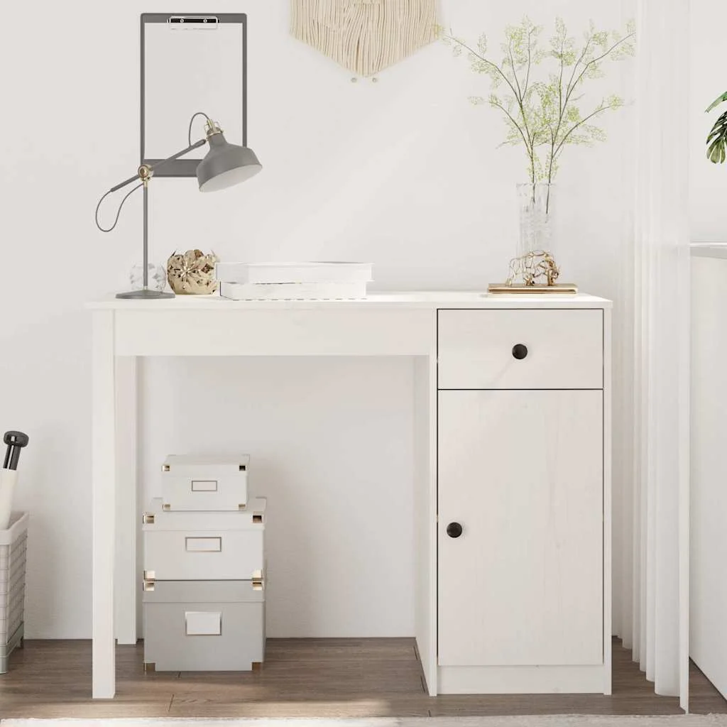 Bureau 100 x 50 x 75 cm blanc bois massif – vue d’ensemble