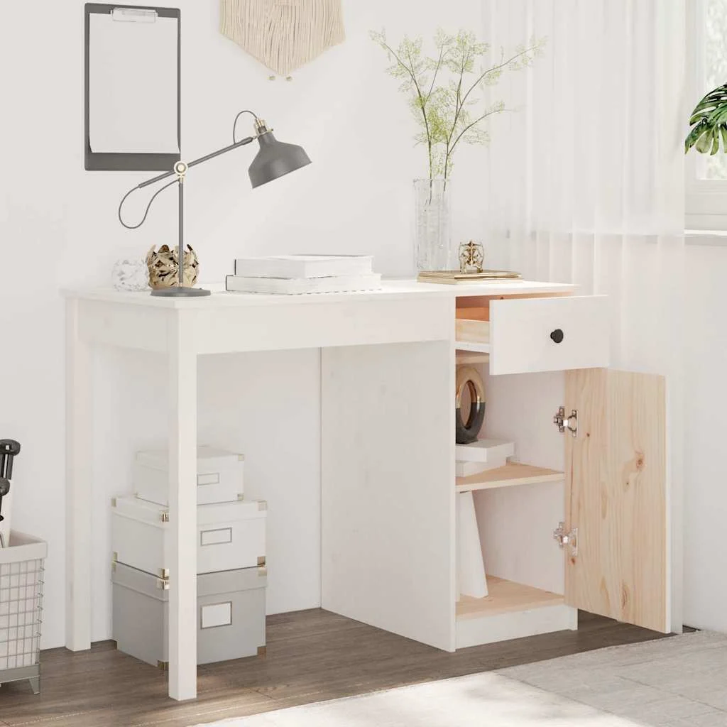 Bureau 100 x 50 x 75 cm blanc bois massif – vue de détail