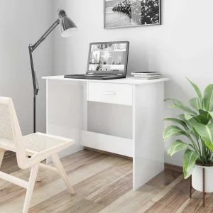 Bureau 100 x 50 x 76 cm blanc brillant bois d'ingénierie – vue d’ensemble