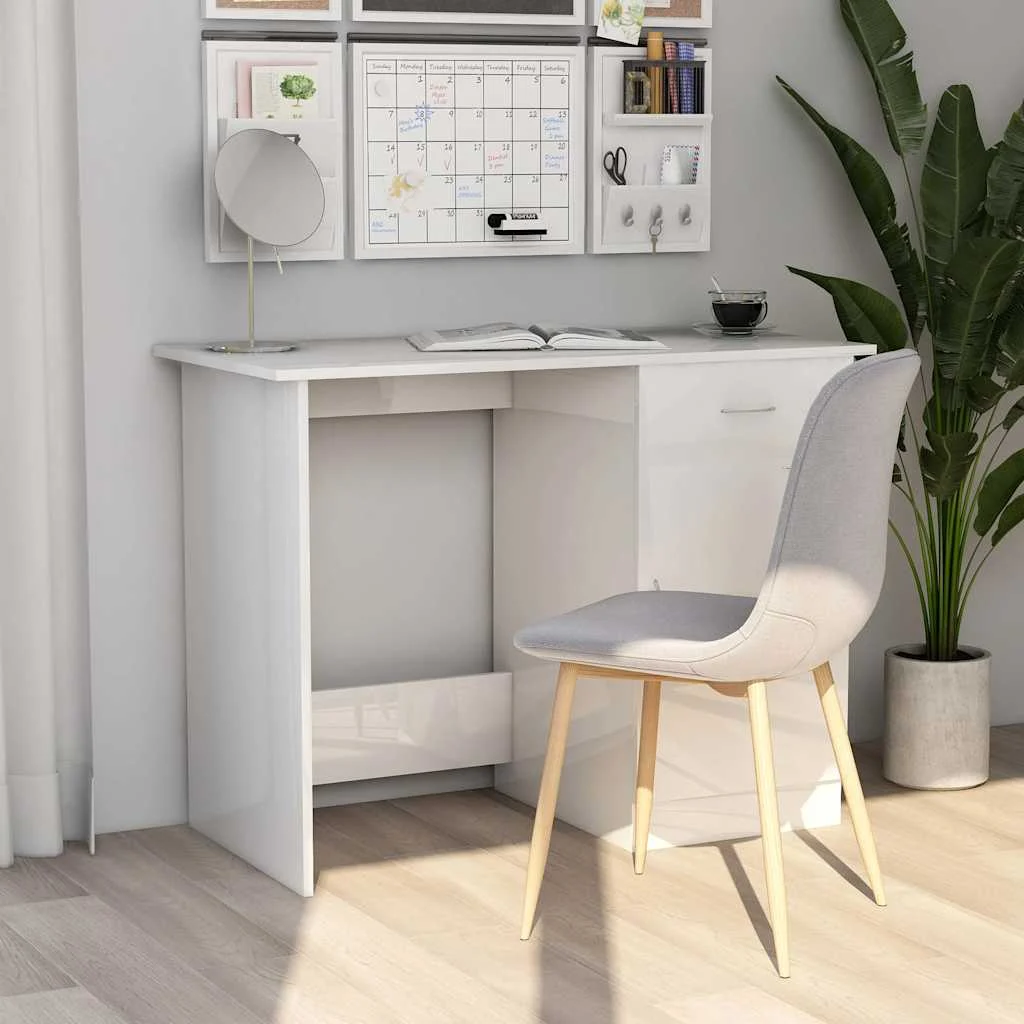 Bureau 100 x 50 x 76 cm blanc brillant bois d'ingénierie – modèle 2 – vue d’ensemble