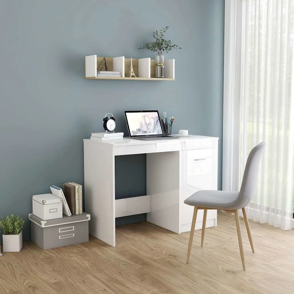 Bureau 100 x 50 x 76 cm blanc brillant bois d'ingénierie – modèle 3 – vue d’ensemble