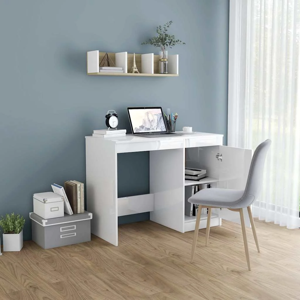 Bureau 100 x 50 x 76 cm blanc brillant bois d'ingénierie – modèle 3 – vue de détail