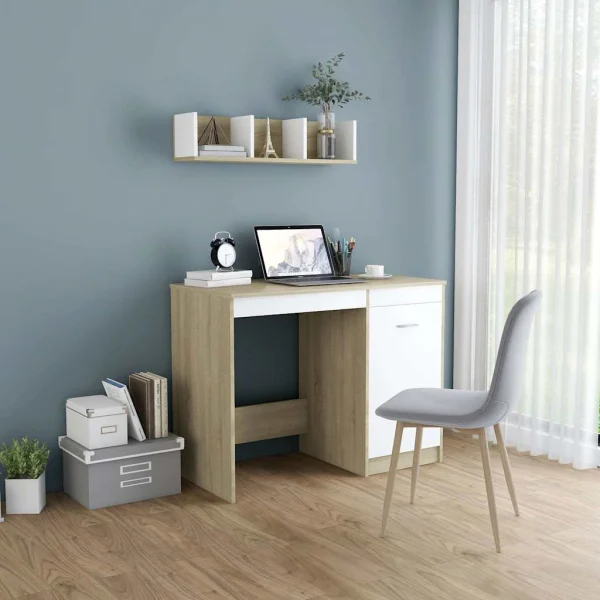 Bureau 100 x 50 x 76 cm blanc et chêne sonoma aggloméré – modèle 2 – vue d’ensemble