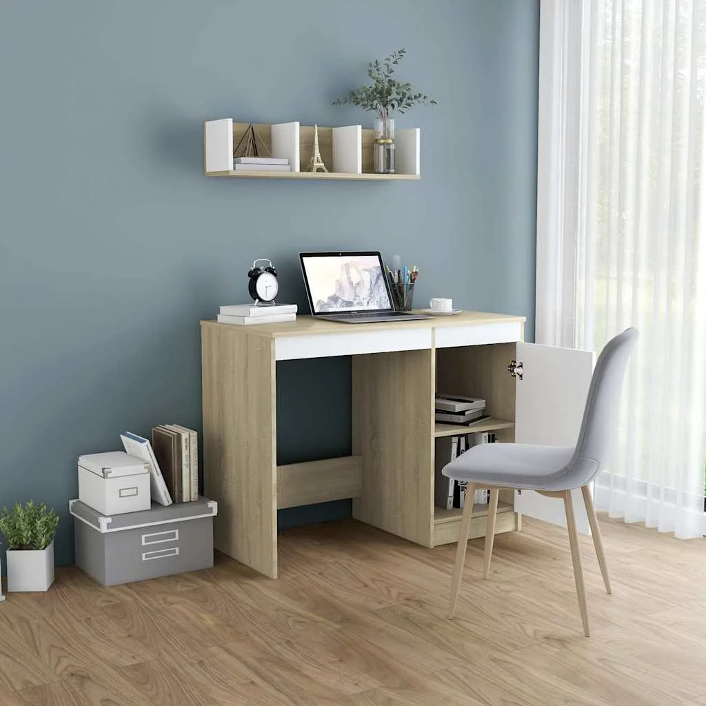 Bureau 100 x 50 x 76 cm blanc et chêne sonoma aggloméré – modèle 2 – vue de détail