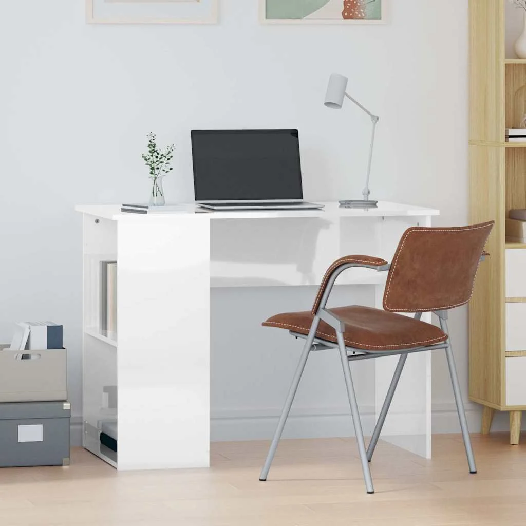 Bureau 100 x 55 x 75 cm blanc brillant bois d'ingénierie – vue d’ensemble