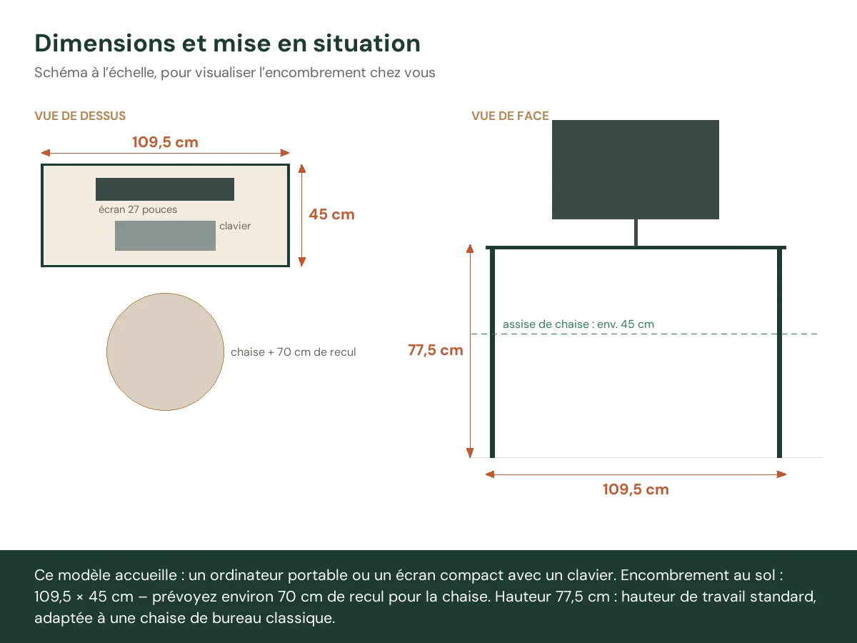 Bureau 109,5 x 45 x 77,5 cm marron et blanc mdf – vue de face