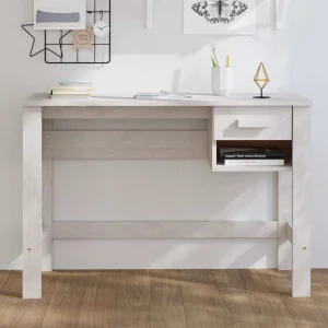 Bureau 110 x 40 x 75 cm blanc bois massif – vue d’ensemble
