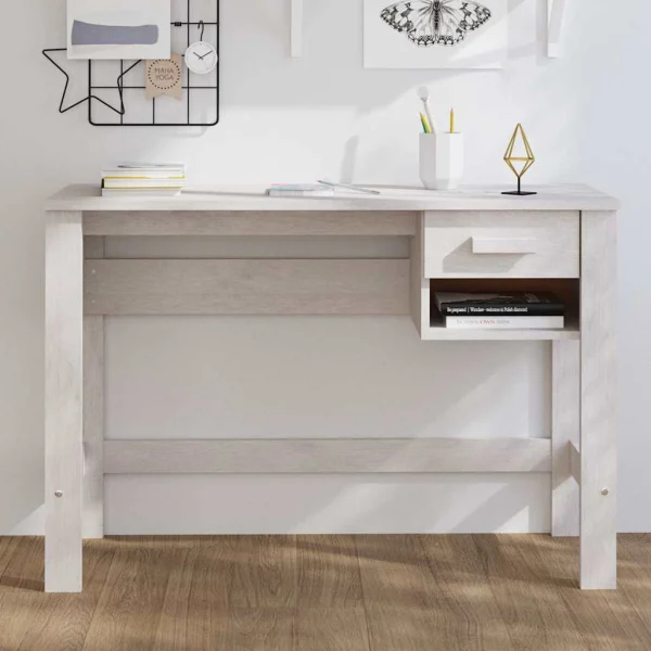 Bureau 110 x 40 x 75 cm blanc bois massif – vue d’ensemble