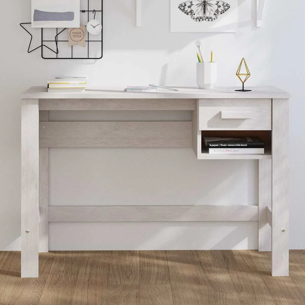 Bureau 110 x 40 x 75 cm blanc bois massif – vue d’ensemble