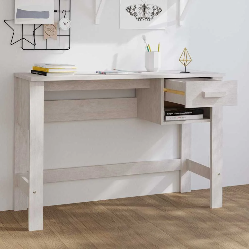 Bureau 110 x 40 x 75 cm blanc bois massif – vue de détail