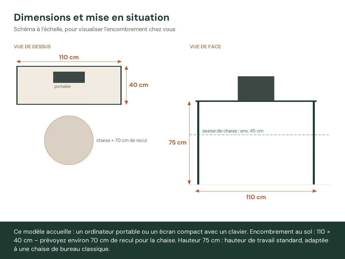 Bureau 110 x 40 x 75 cm gris foncé bois massif – vue de face