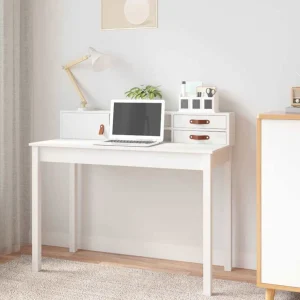 Bureau 110 x 50 x 93 cm blanc bois massif – vue d’ensemble