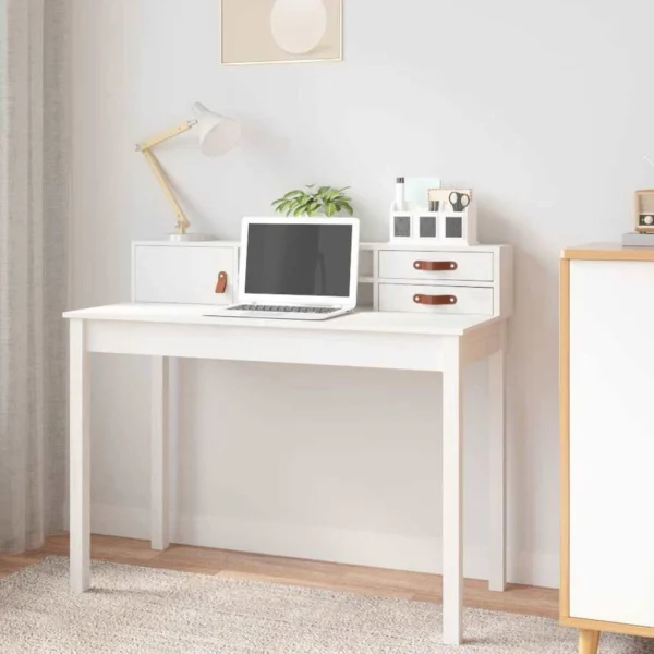 Bureau 110 x 50 x 93 cm blanc bois massif – vue d’ensemble