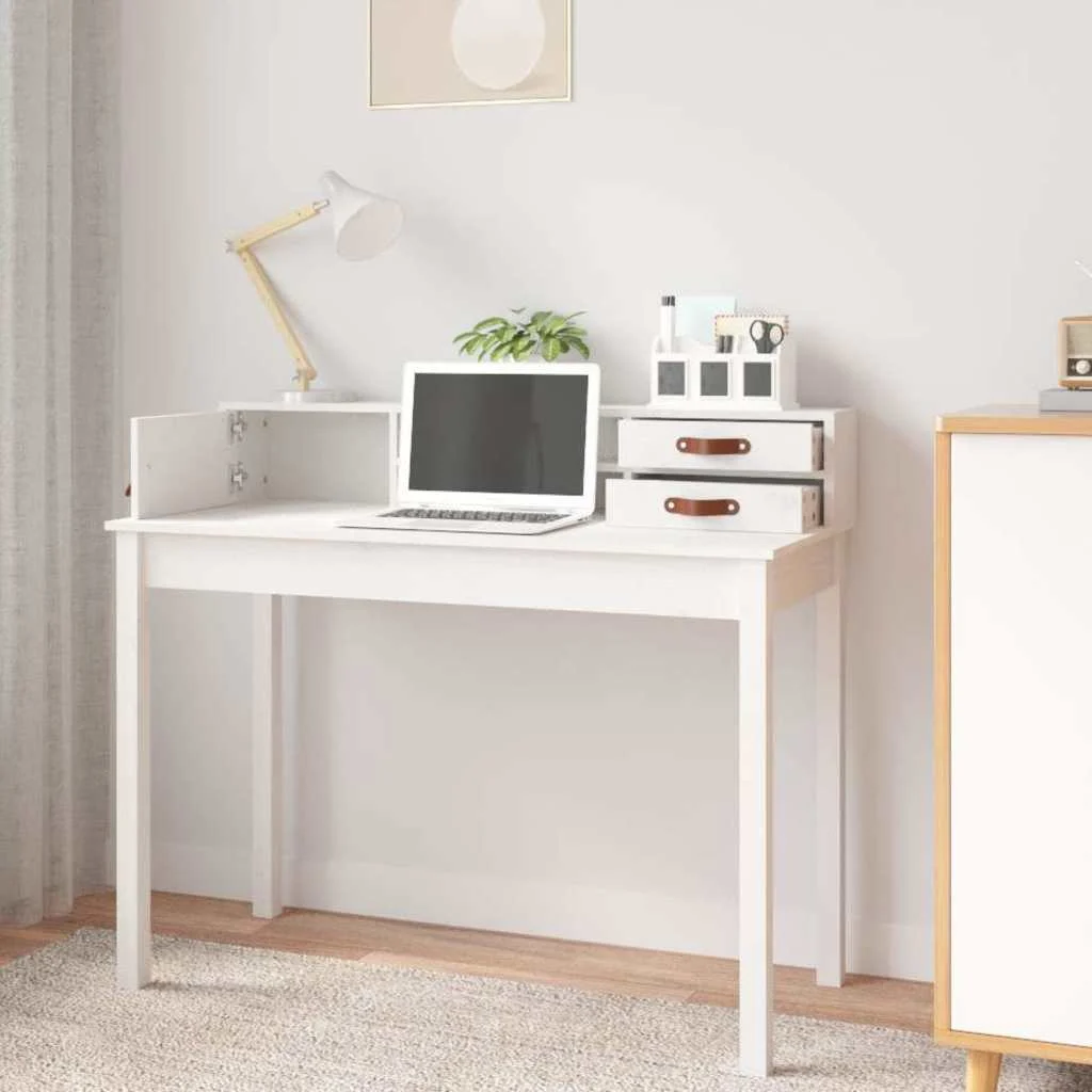 Bureau 110 x 50 x 93 cm blanc bois massif – vue de détail