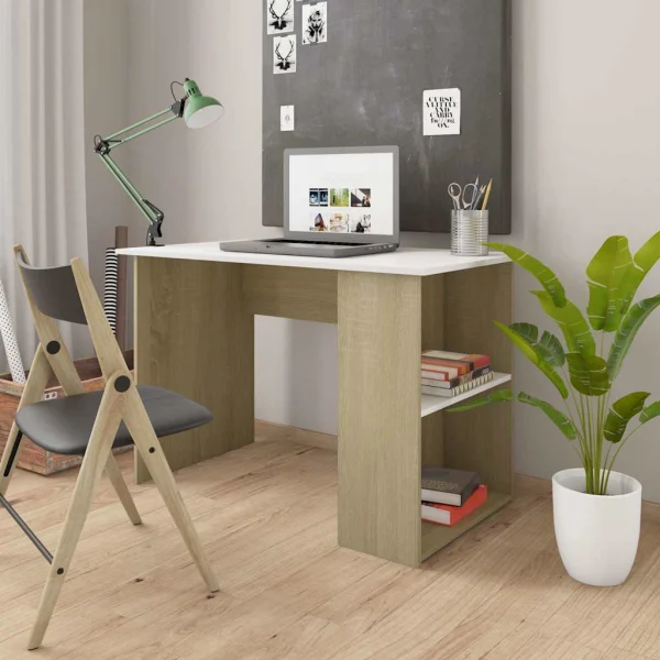 Bureau 110 x 60 x 73 cm blanc et chêne sonoma aggloméré – vue d’ensemble