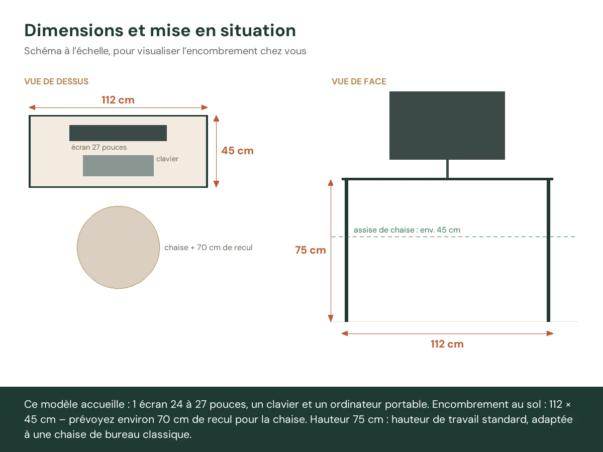 Bureau 112 x 45 x 75 cm brun bois massif – vue de face