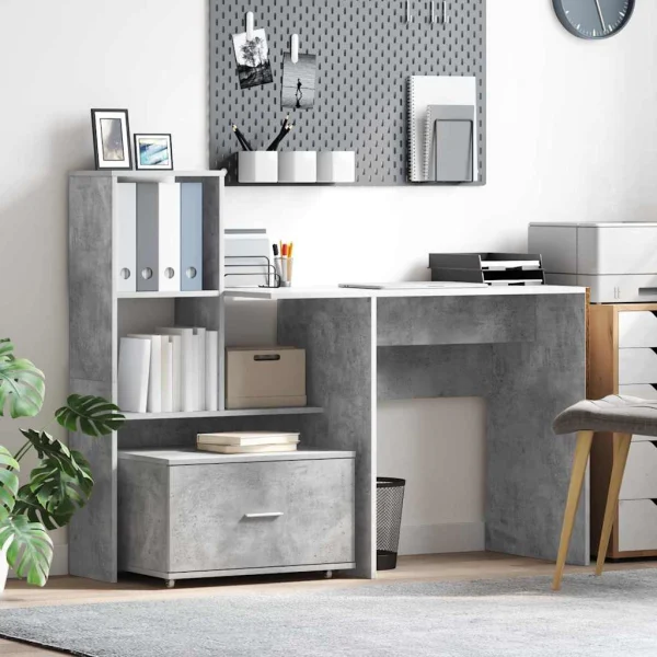 Bureau 131,5 x 50 x 106,5 cm gris béton bois d'ingénierie – modèle 2 – vue d’ensemble