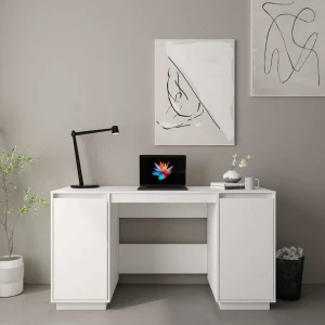 Bureau 140 x 50 x 75 cm blanc bois massif – vue d’ensemble