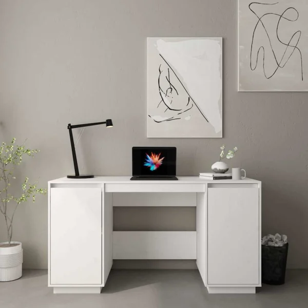 Bureau 140 x 50 x 75 cm blanc bois massif – vue d’ensemble