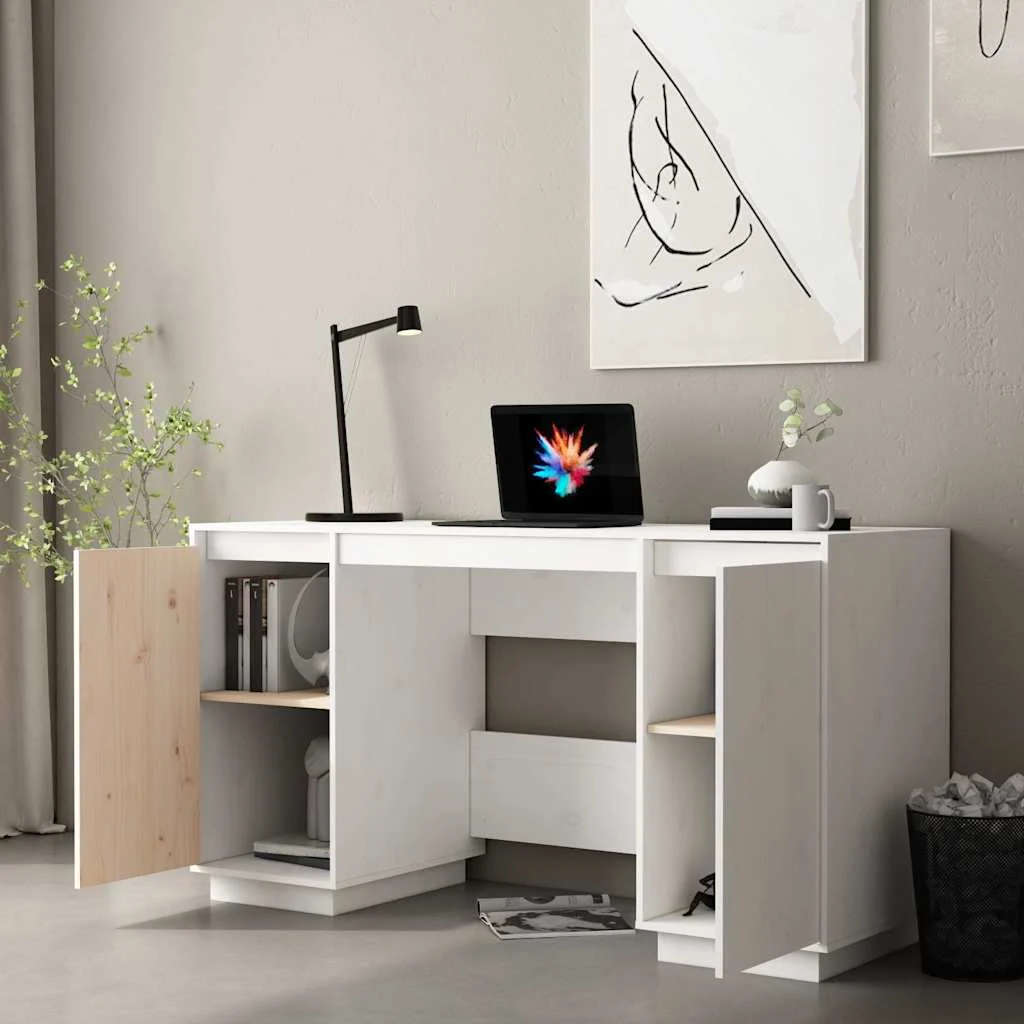 Bureau 140 x 50 x 75 cm blanc bois massif – vue de détail