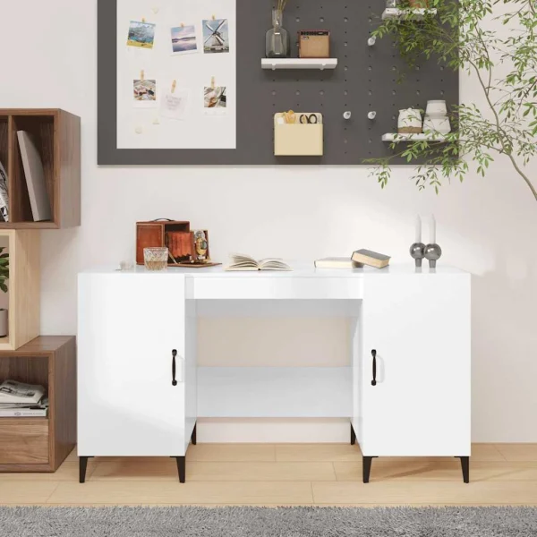 Bureau 140 x 50 x 75 cm blanc brillant bois d'ingénierie – vue d’ensemble