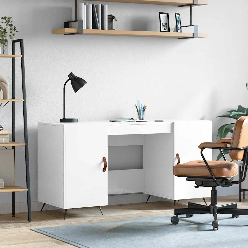 Bureau 140 x 50 x 75 cm blanc brillant bois d'ingénierie – modèle 2 – vue d’ensemble