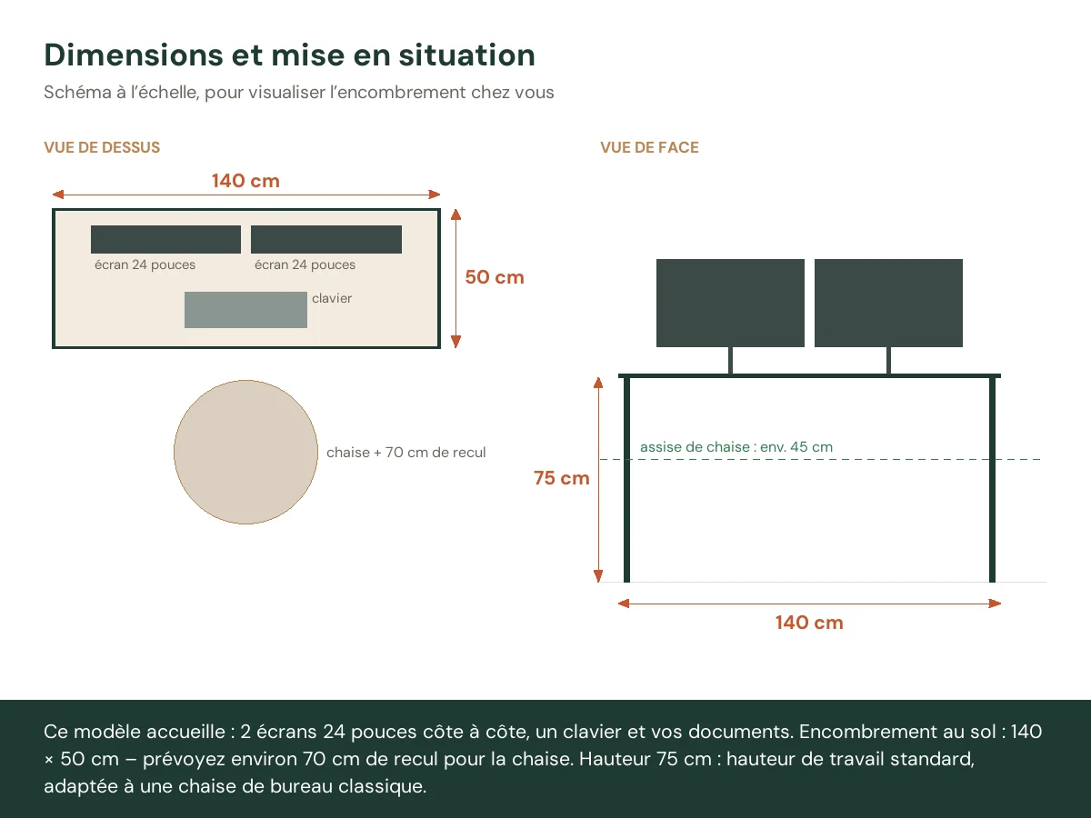 Bureau 140 x 50 x 75 cm chêne fumé bois d'ingénierie – modèle 8 – vue de face