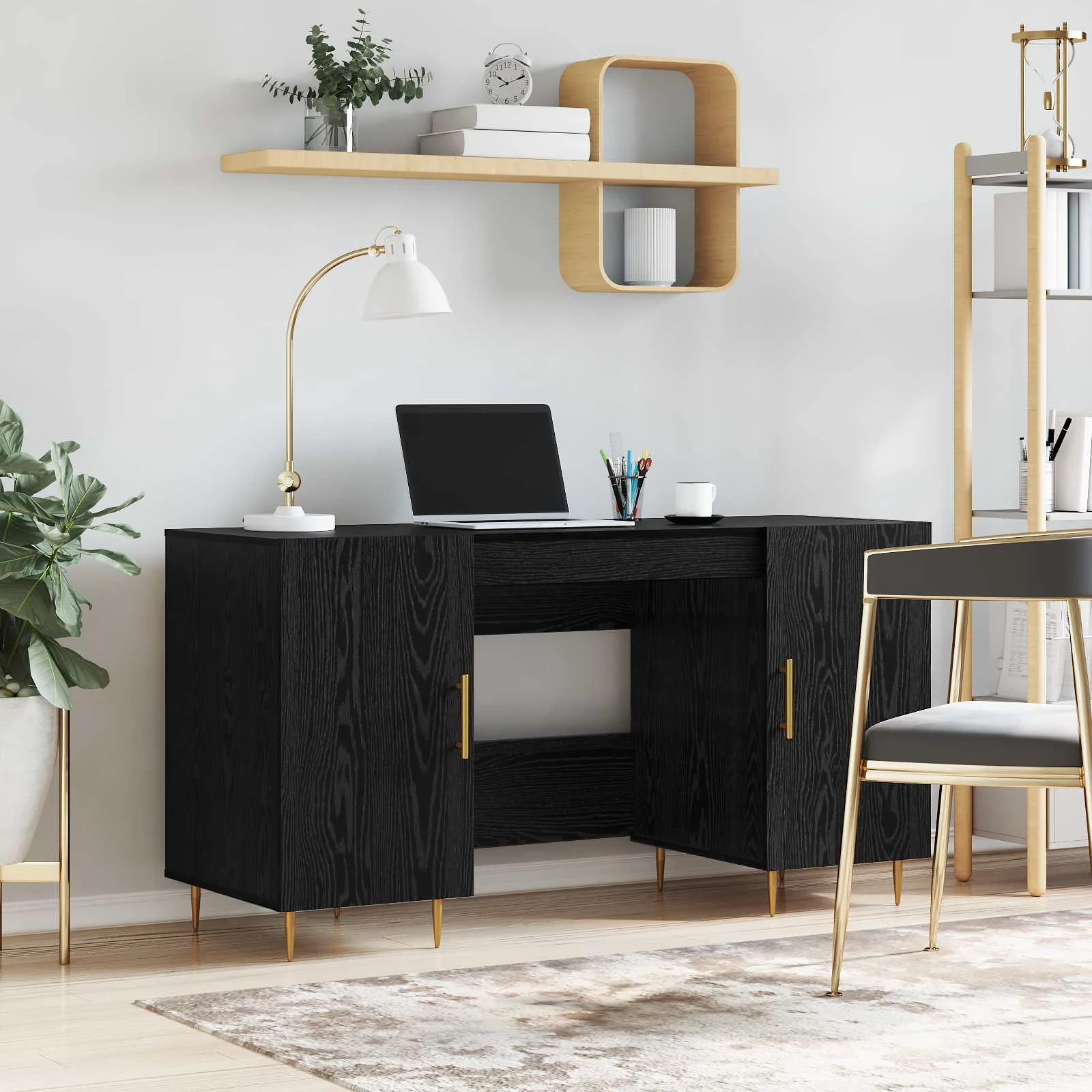 Bureau 140 x 50 x 75 cm chêne noir bois d'ingénierie – modèle 2 – vue d’ensemble