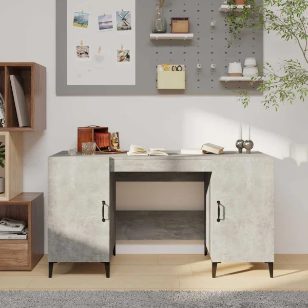 Bureau 140 x 50 x 75 cm gris béton bois d'ingénierie – modèle 2 – vue d’ensemble