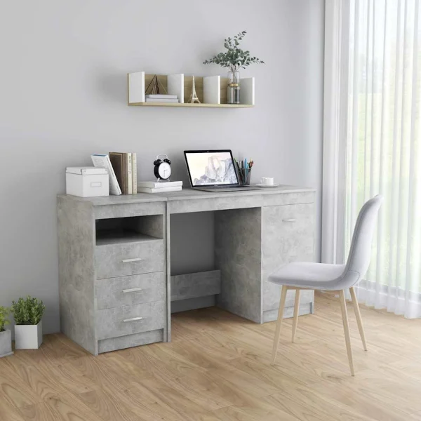 Bureau 140 x 50 x 76 cm gris béton bois d'ingénierie – vue d’ensemble