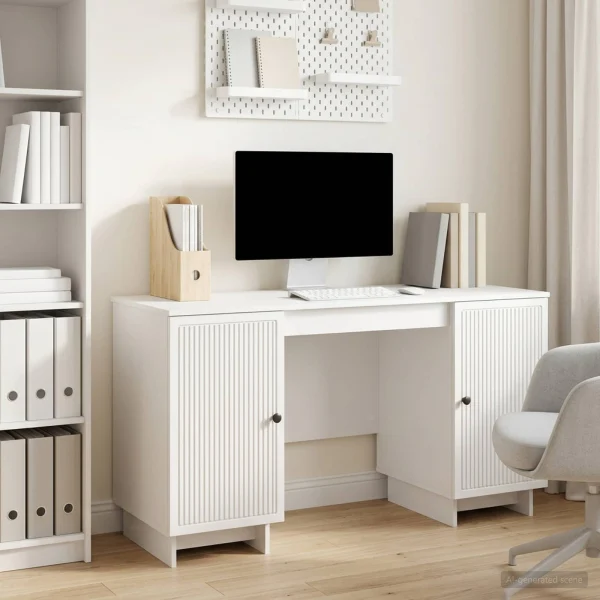Bureau 142,5 x 50 x 75 cm blanc brillant bois d'ingénierie – vue d’ensemble