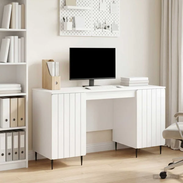 Bureau 142,5 x 50 x 75 cm blanc brillant bois d'ingénierie – modèle 3 – vue d’ensemble