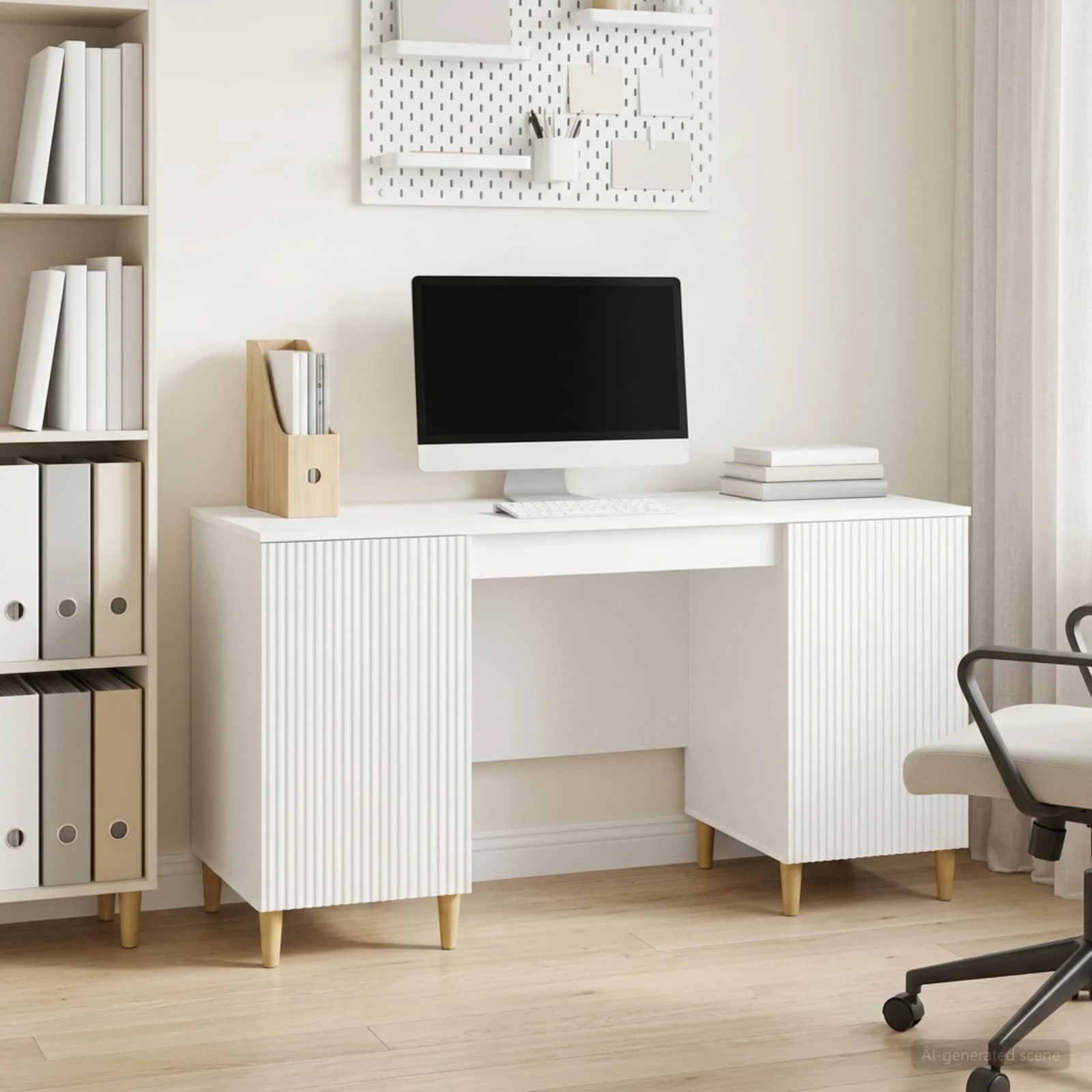 Bureau 142,5 x 50 x 75 cm blanc brillant bois d'ingénierie – modèle 4 – vue d’ensemble