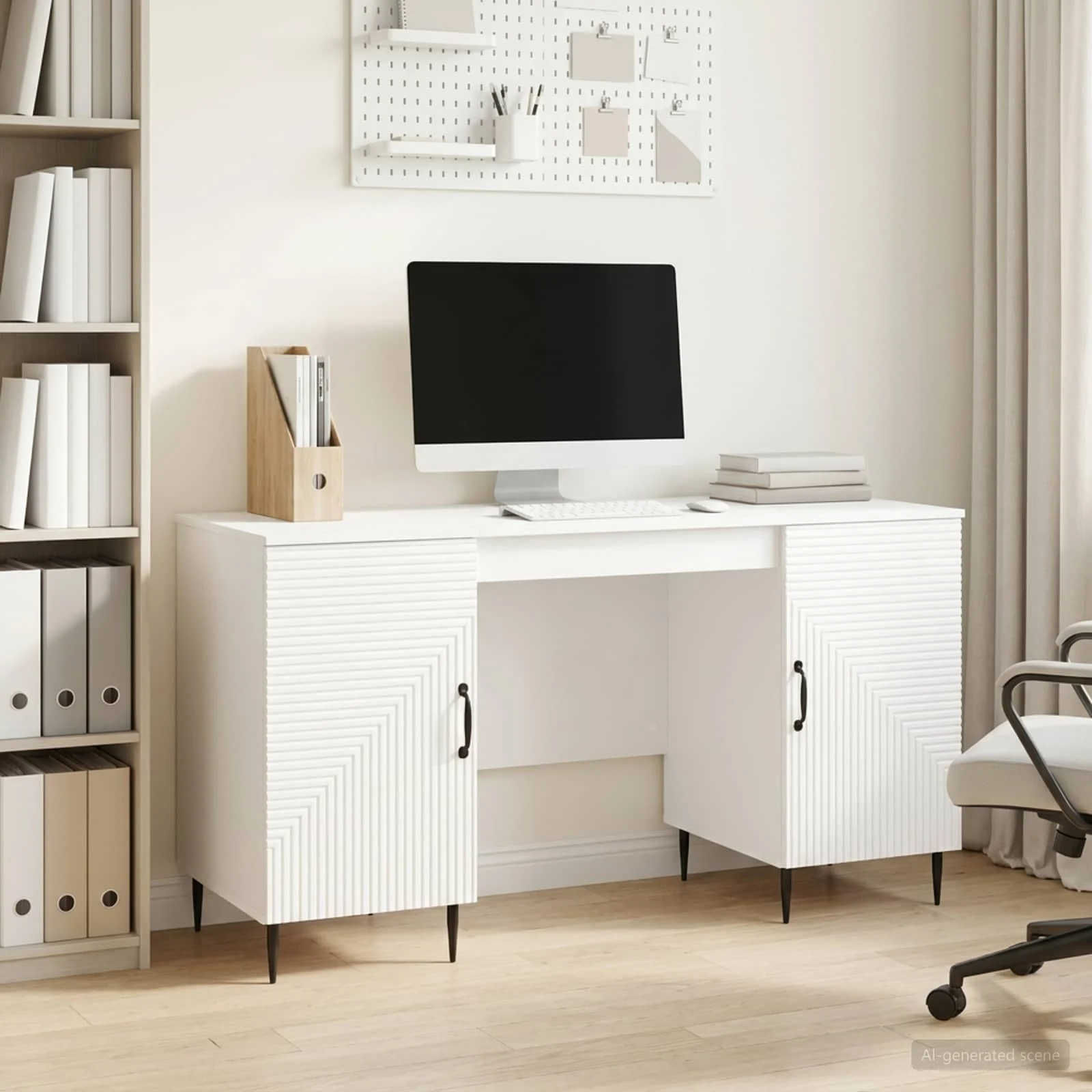 Bureau 142,5 x 50 x 75 cm blanc brillant bois d'ingénierie – modèle 5 – vue d’ensemble