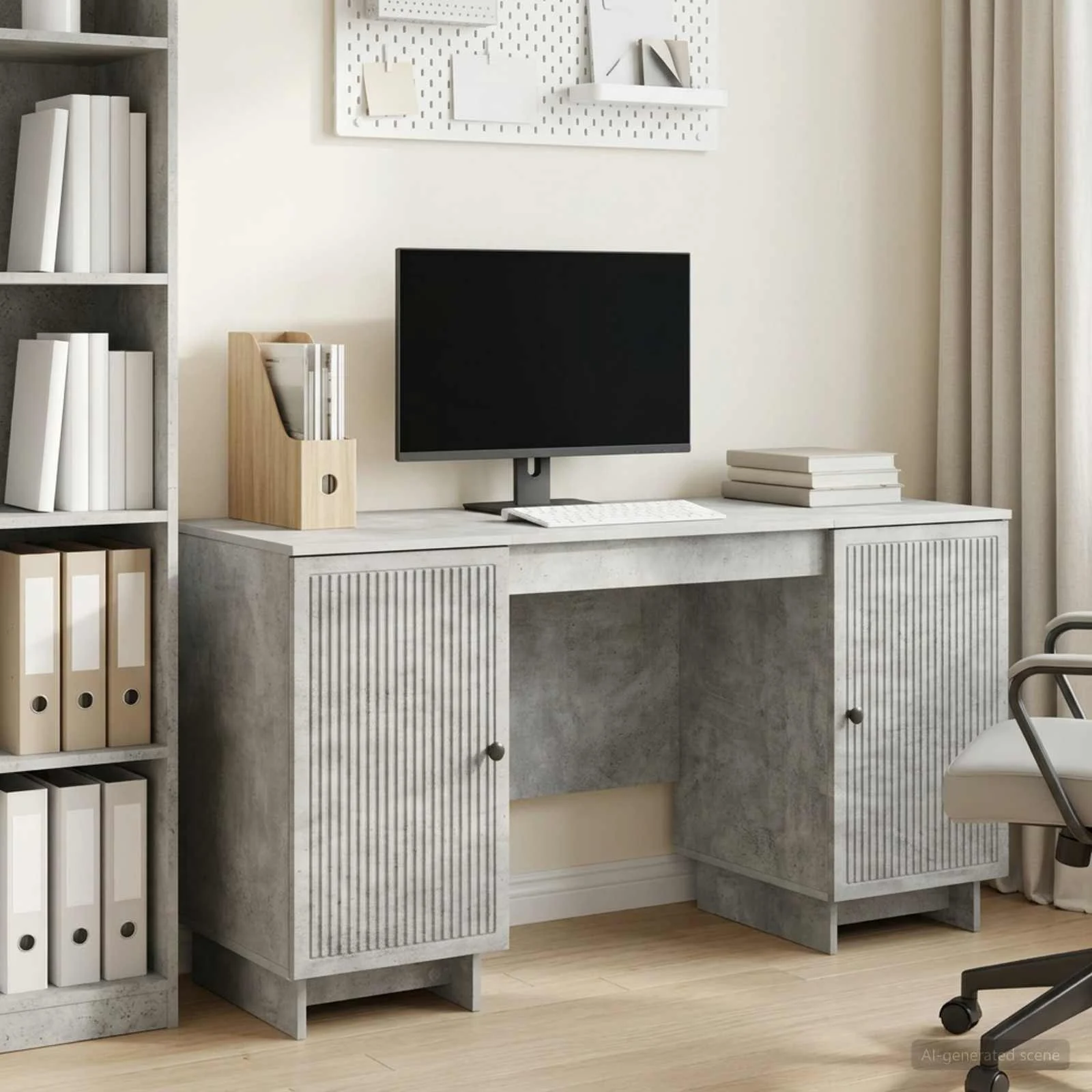 Bureau 142,5 x 50 x 75 cm gris béton bois d'ingénierie – vue d’ensemble