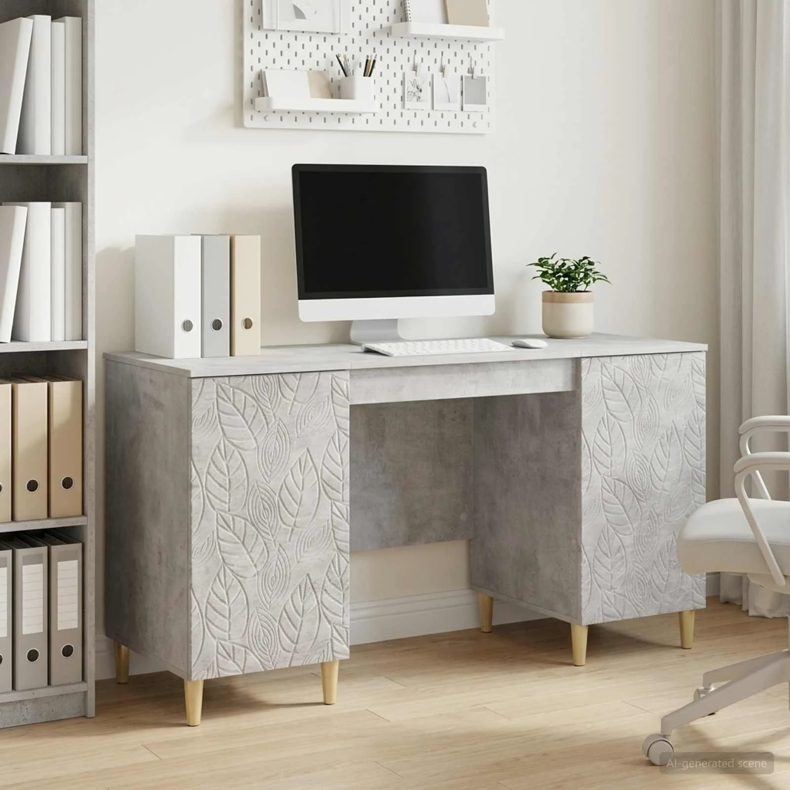 Bureau 142,5 x 50 x 75 cm gris béton bois d'ingénierie – modèle 6 – vue d’ensemble