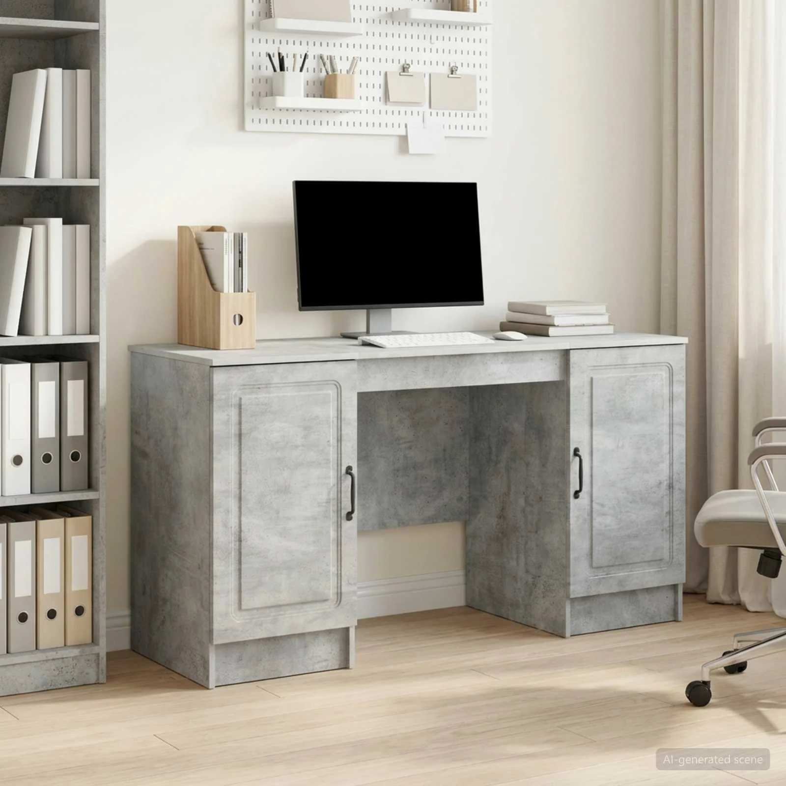Bureau 142,5 x 50 x 75 cm gris béton bois d'ingénierie – modèle 9 – vue d’ensemble