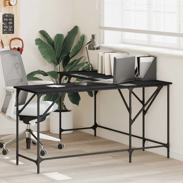 Bureau 149 x 149 x 75 cm noir bois d'ingénierie – vue d’ensemble