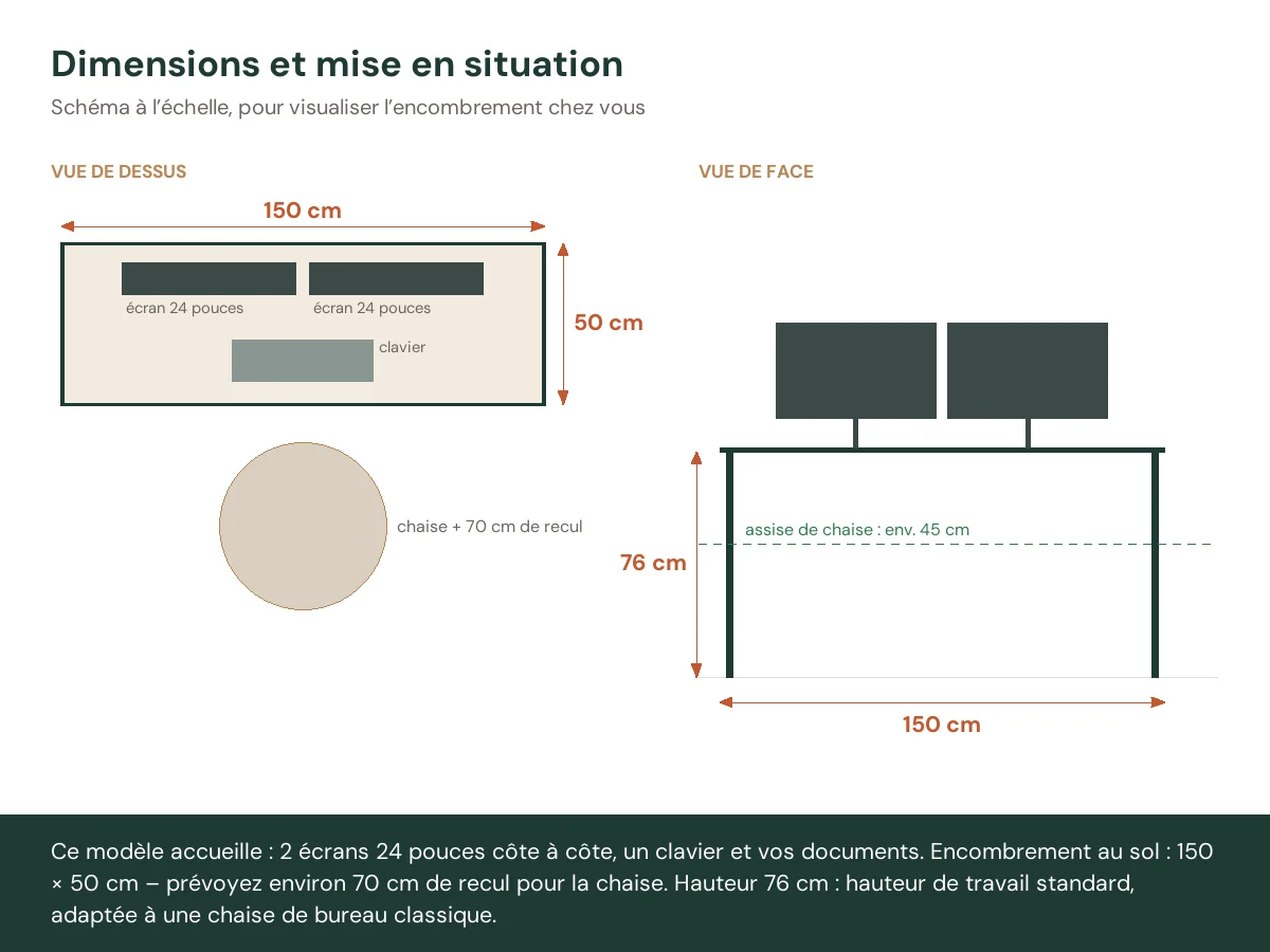 Bureau 150 x 50 x 76 cm brun bois massif – vue de face
