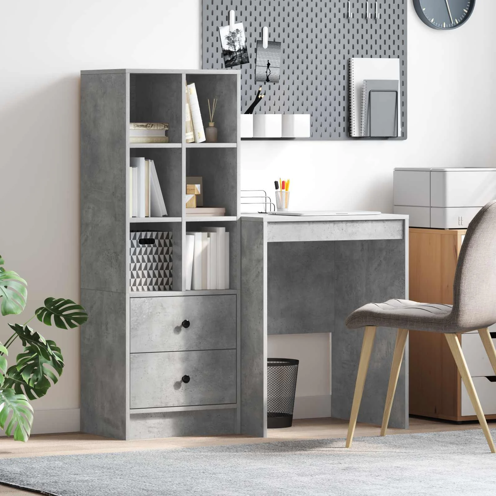 Bureau en 2 éléments 105,5 x 50 x 127 cm gris béton – vue d’ensemble
