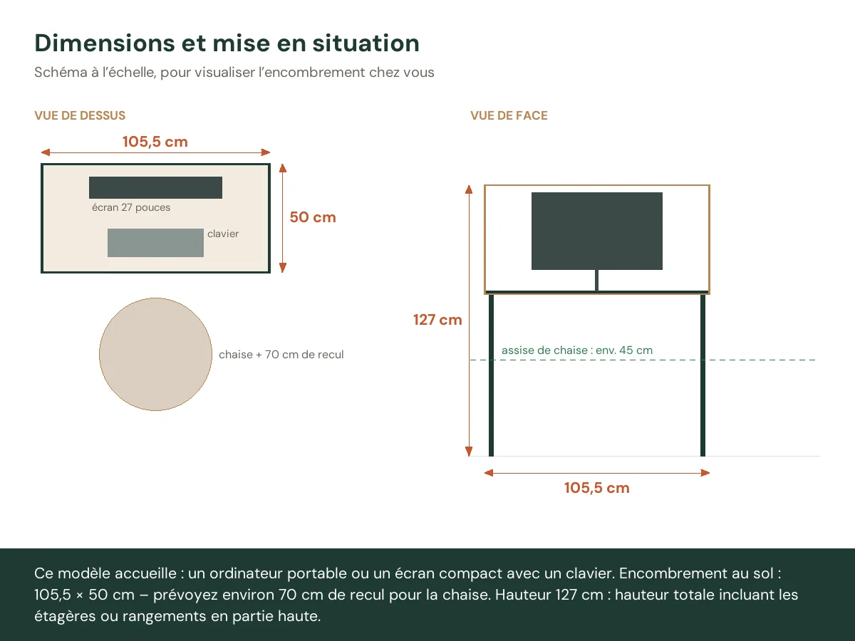 Bureau en 2 éléments 105,5 x 50 x 127 cm gris béton – vue de face