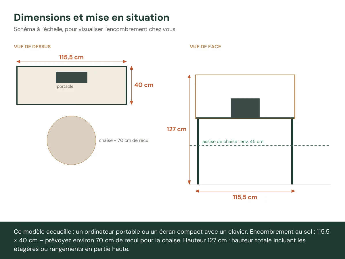 Bureau en 2 éléments 115,5 x 40 x 127 cm chêne fumé – vue de face