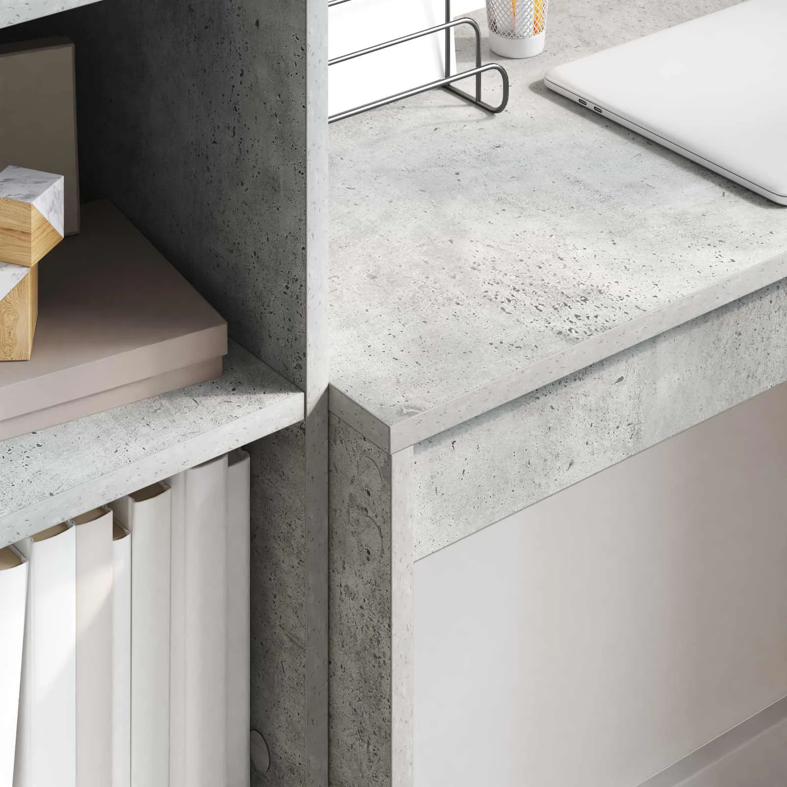Bureau en 2 éléments 125,5 x 40 x 127 cm gris béton – vue en situation