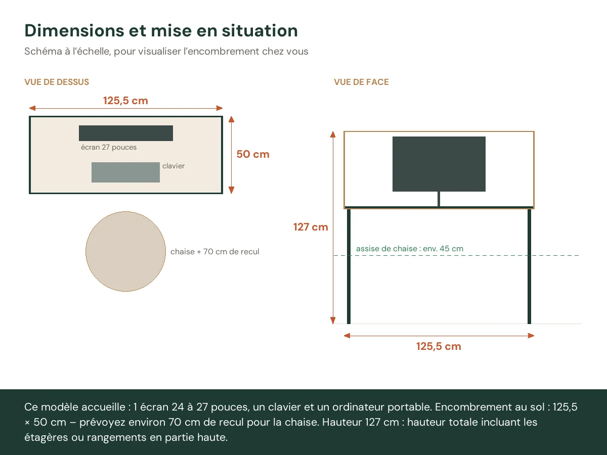 Bureau en 2 éléments 125,5 x 50 x 127 cm chêne artisanal – vue de face