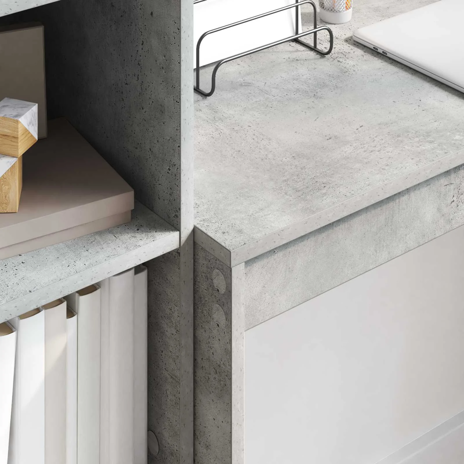 Bureau en 2 éléments 145,5 x 40 x 127 cm gris béton – vue en situation