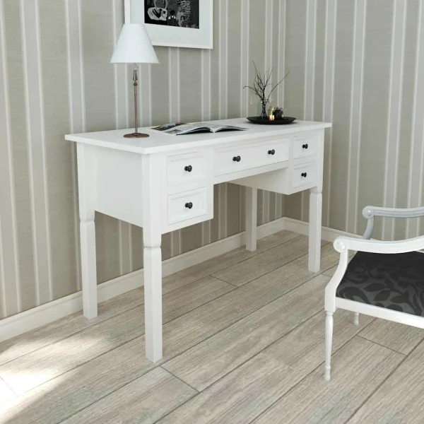 Bureau à 5 tiroirs 109,5 x 45 x 77,5 cm blanc mdf – vue d’ensemble