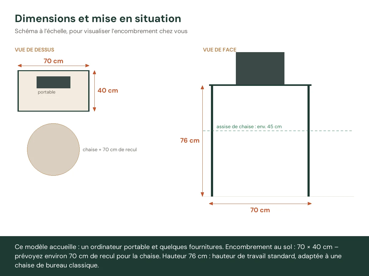 Bureau 70 x 40 x 76 cm gris béton bois d'ingénierie – vue de face